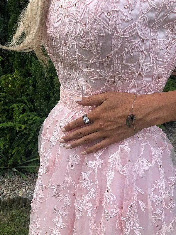 A Line Strapless Tulle Pink Appliques Prom Dress With Beading TP1168