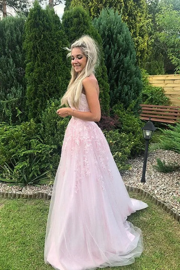 A Line Strapless Tulle Pink Appliques Prom Dress With Beading TP1168