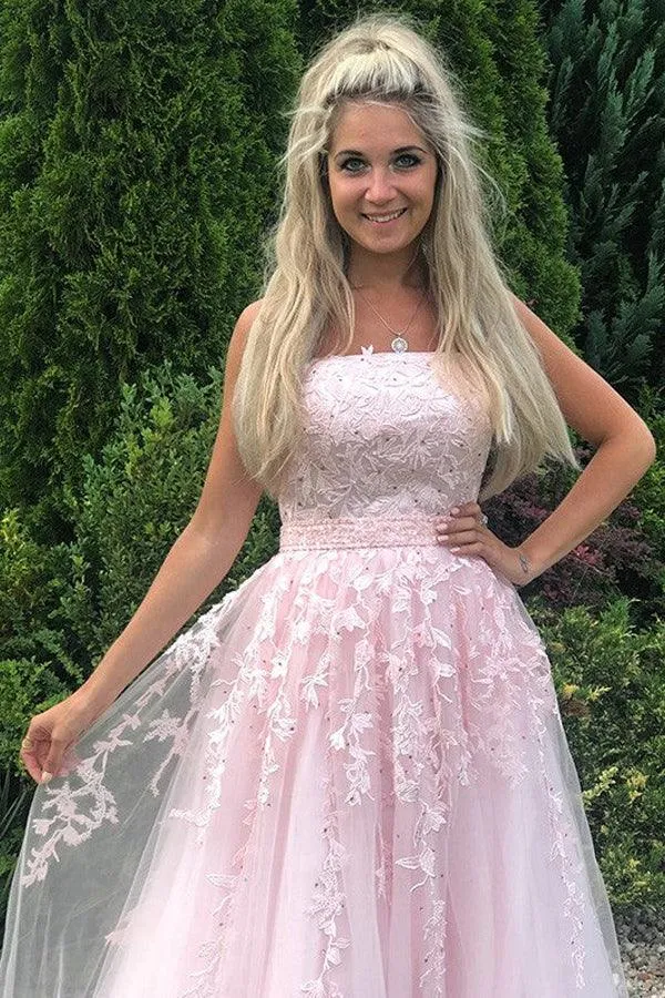 A Line Strapless Tulle Pink Appliques Prom Dress With Beading TP1168