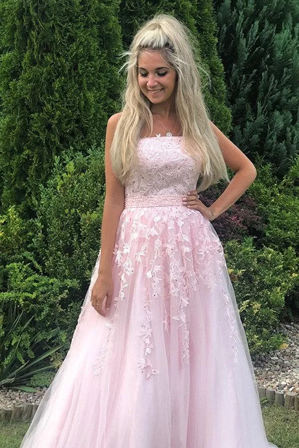 A Line Strapless Tulle Pink Appliques Prom Dress With Beading TP1168