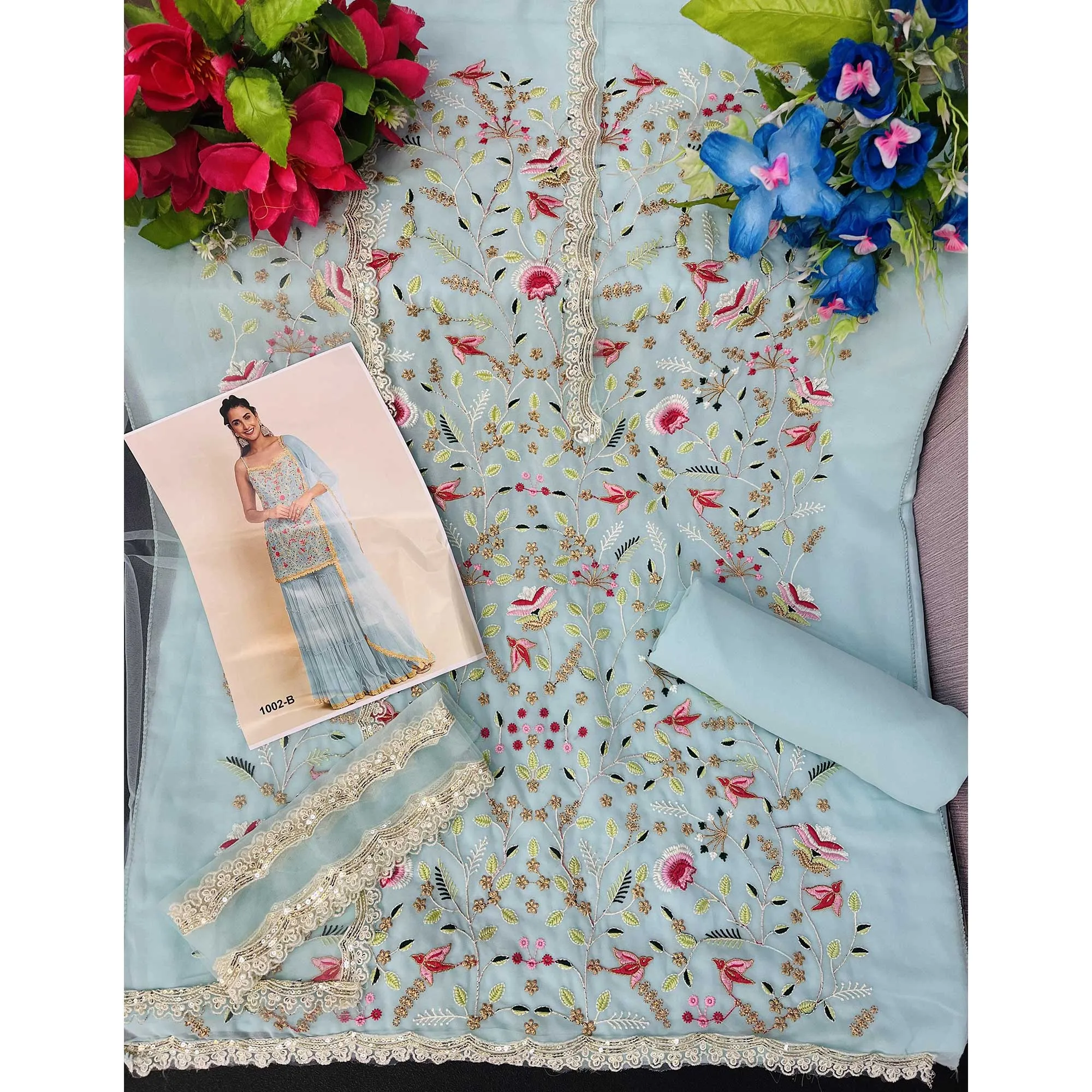 Blue Floral Sequins Embroidered Georgette Sharara Suit