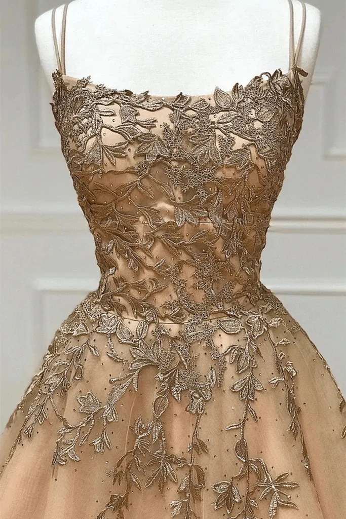 Champagne Lace Tulle Long Prom Dress Formal Evening Dress Ball Gown TP1132