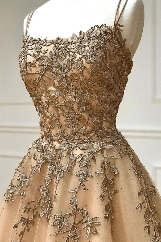 Champagne Lace Tulle Long Prom Dress Formal Evening Dress Ball Gown TP1132