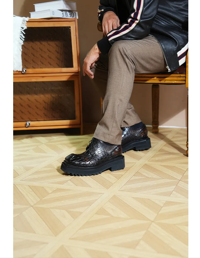 Hand - crafted Men's Thick - soled Crocodile - skin Derby Shoes