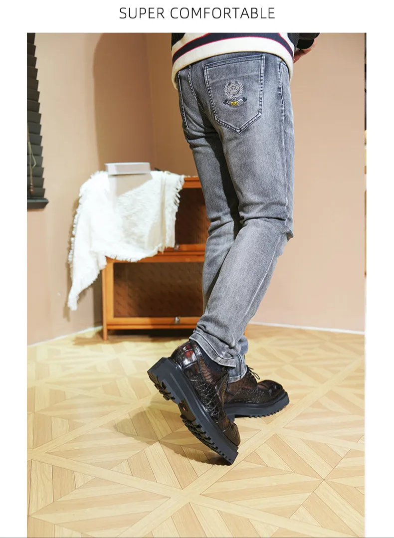 Hand - crafted Men's Thick - soled Crocodile - skin Derby Shoes