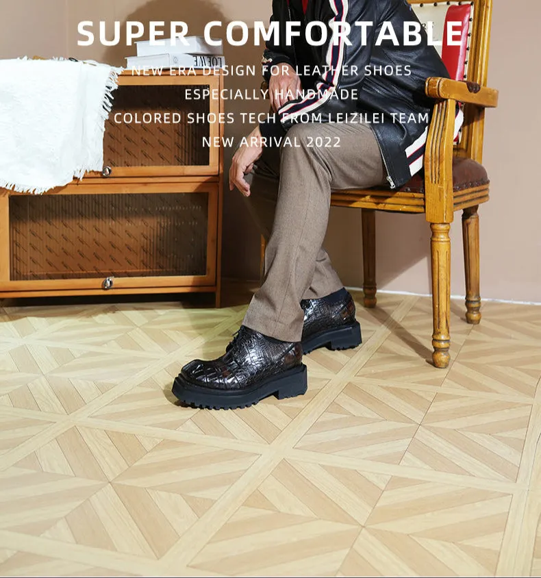 Hand - crafted Men's Thick - soled Crocodile - skin Derby Shoes