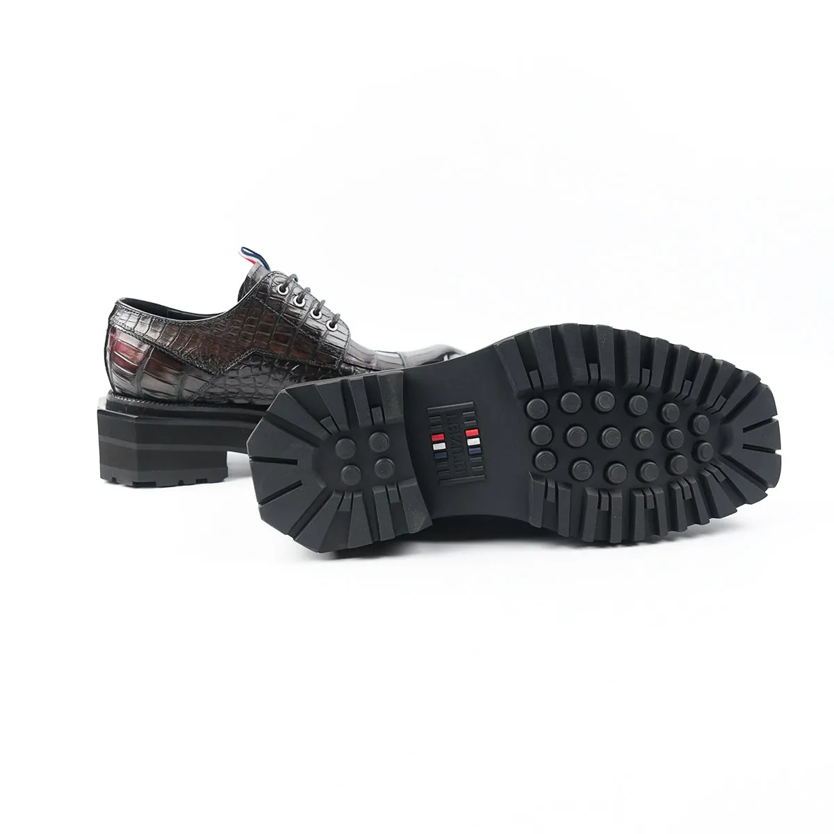 Hand - crafted Men's Thick - soled Crocodile - skin Derby Shoes