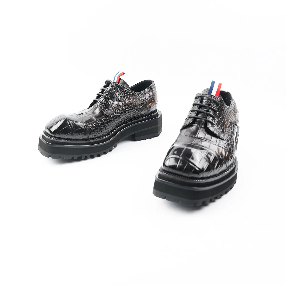 Hand - crafted Men's Thick - soled Crocodile - skin Derby Shoes