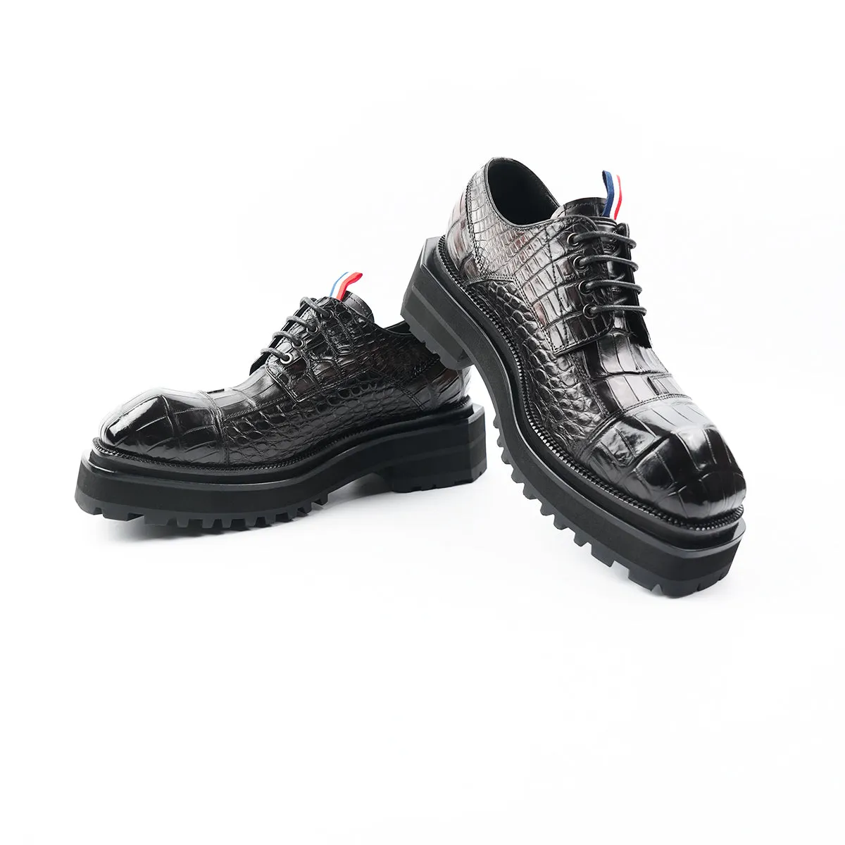 Hand - crafted Men's Thick - soled Crocodile - skin Derby Shoes