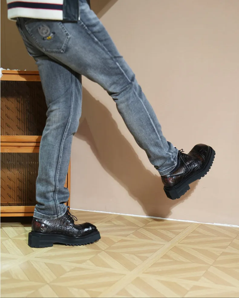 Hand - crafted Men's Thick - soled Crocodile - skin Derby Shoes