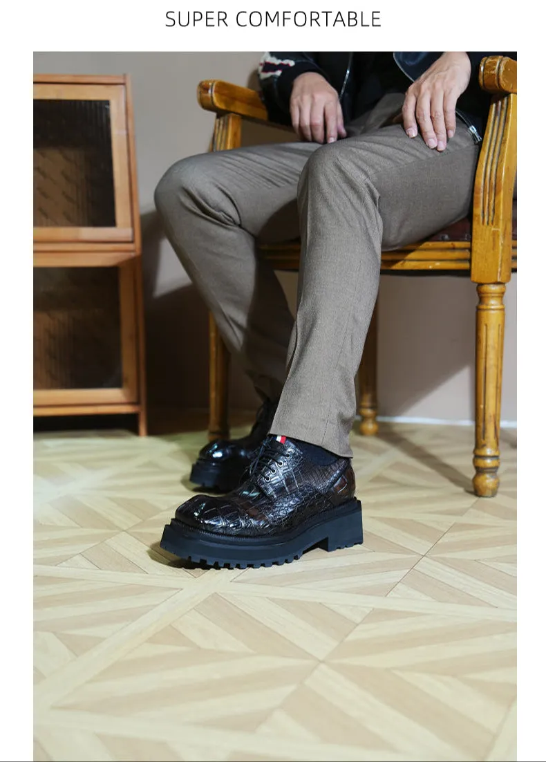 Hand - crafted Men's Thick - soled Crocodile - skin Derby Shoes