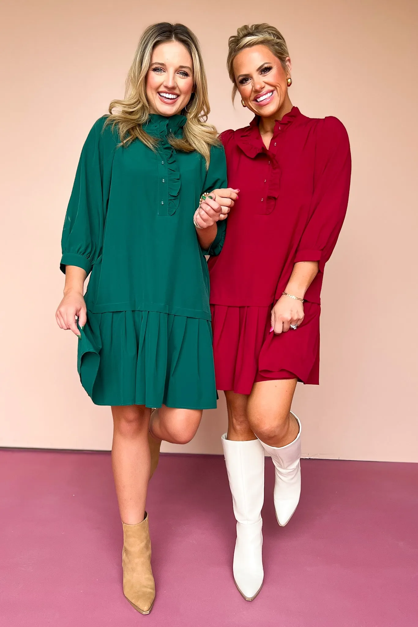 Hunter Green Ruffle Neck Drop Waist Dress *FINAL SALE*