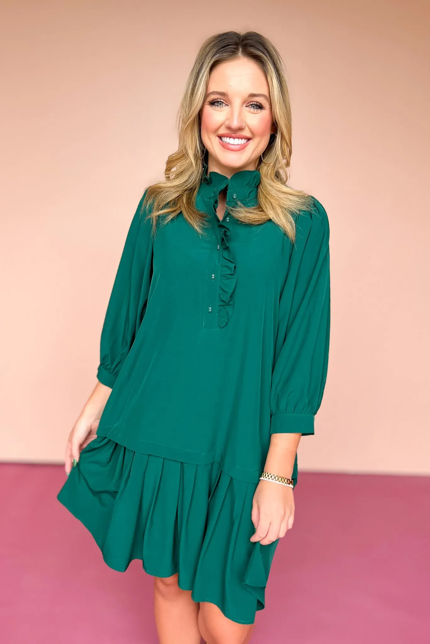 Hunter Green Ruffle Neck Drop Waist Dress *FINAL SALE*