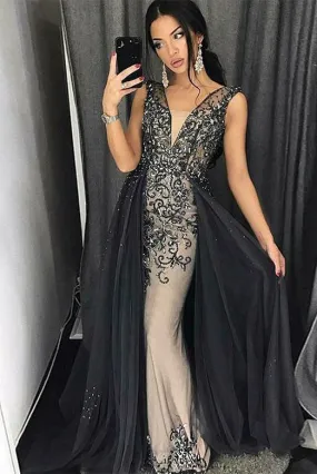 Luxurious Gray Tulle Long Prom Evening Dresses with Appliques Beading ODA004