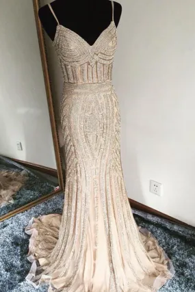 Luxurious Trumpet Spaghetti Sleeveless Long Beading Prom Dress PFP0260