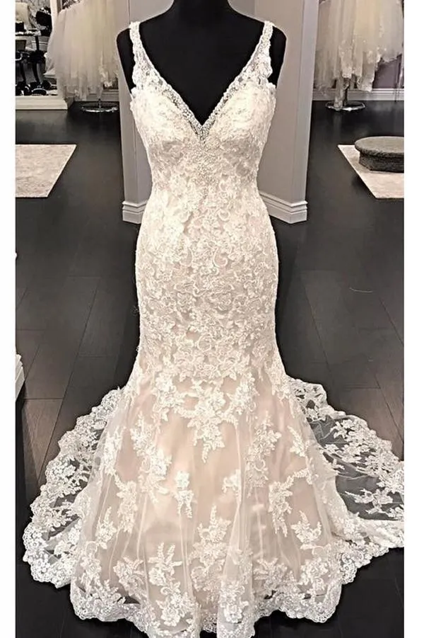 Luxurious V Neck Sleeveless Mermaid Long Lace Wedding Dress Sweep Train Bridal Dress N835