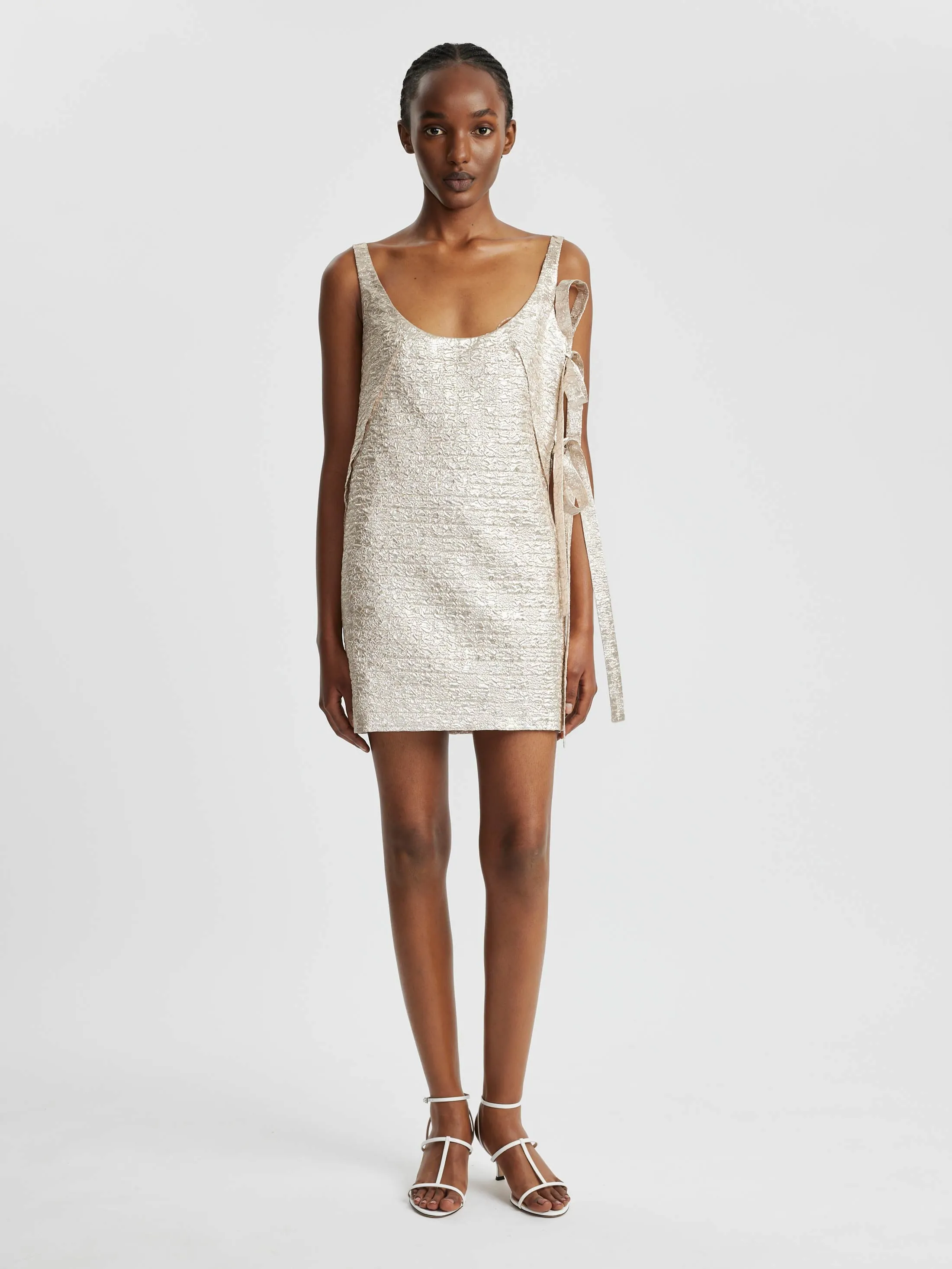 Maya Dress In Champagne Metallic Seersucker