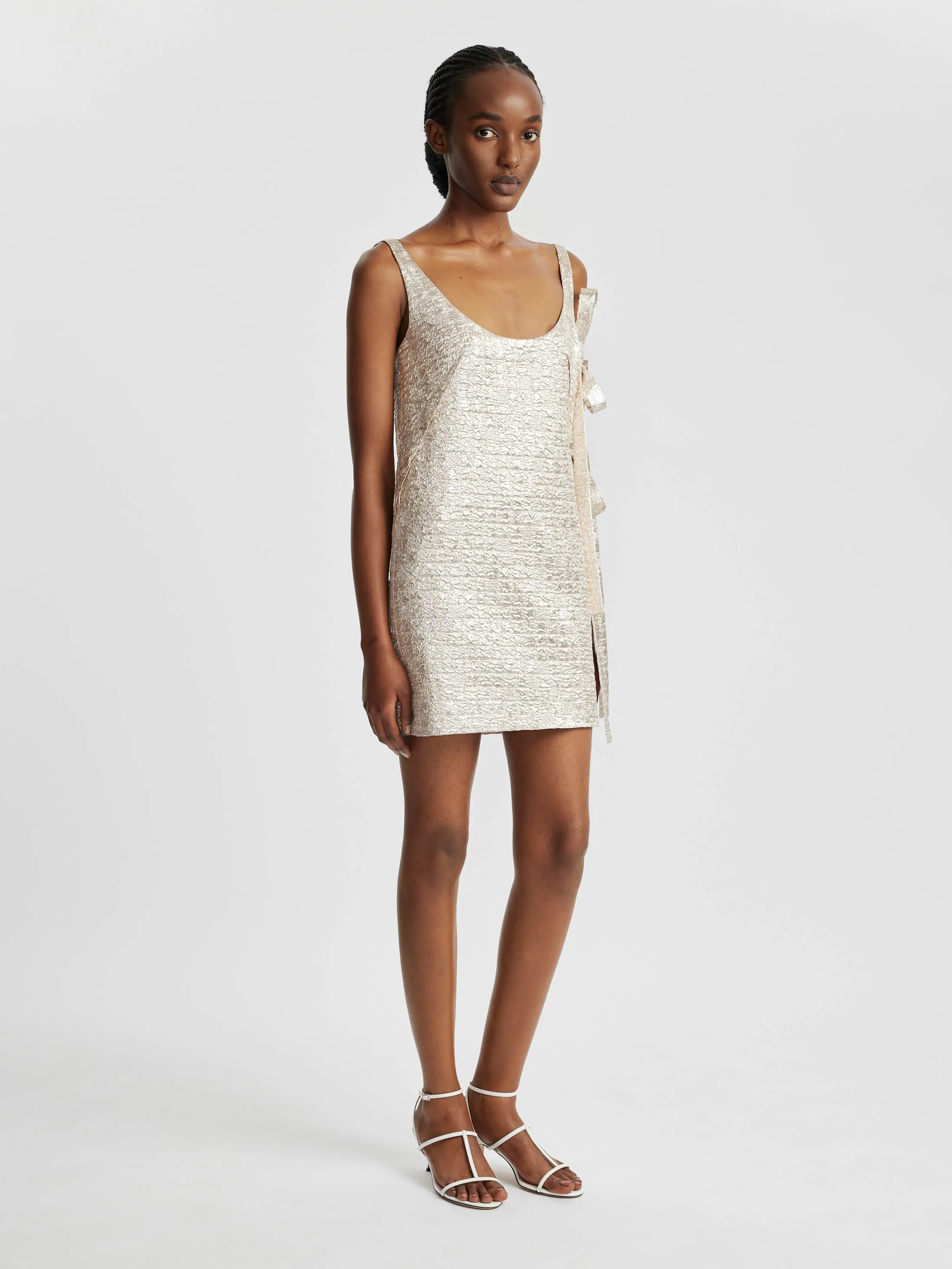Maya Dress In Champagne Metallic Seersucker