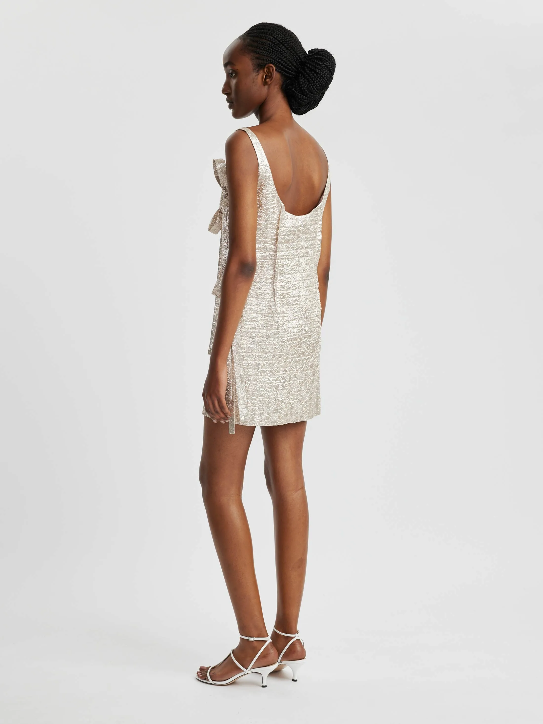 Maya Dress In Champagne Metallic Seersucker