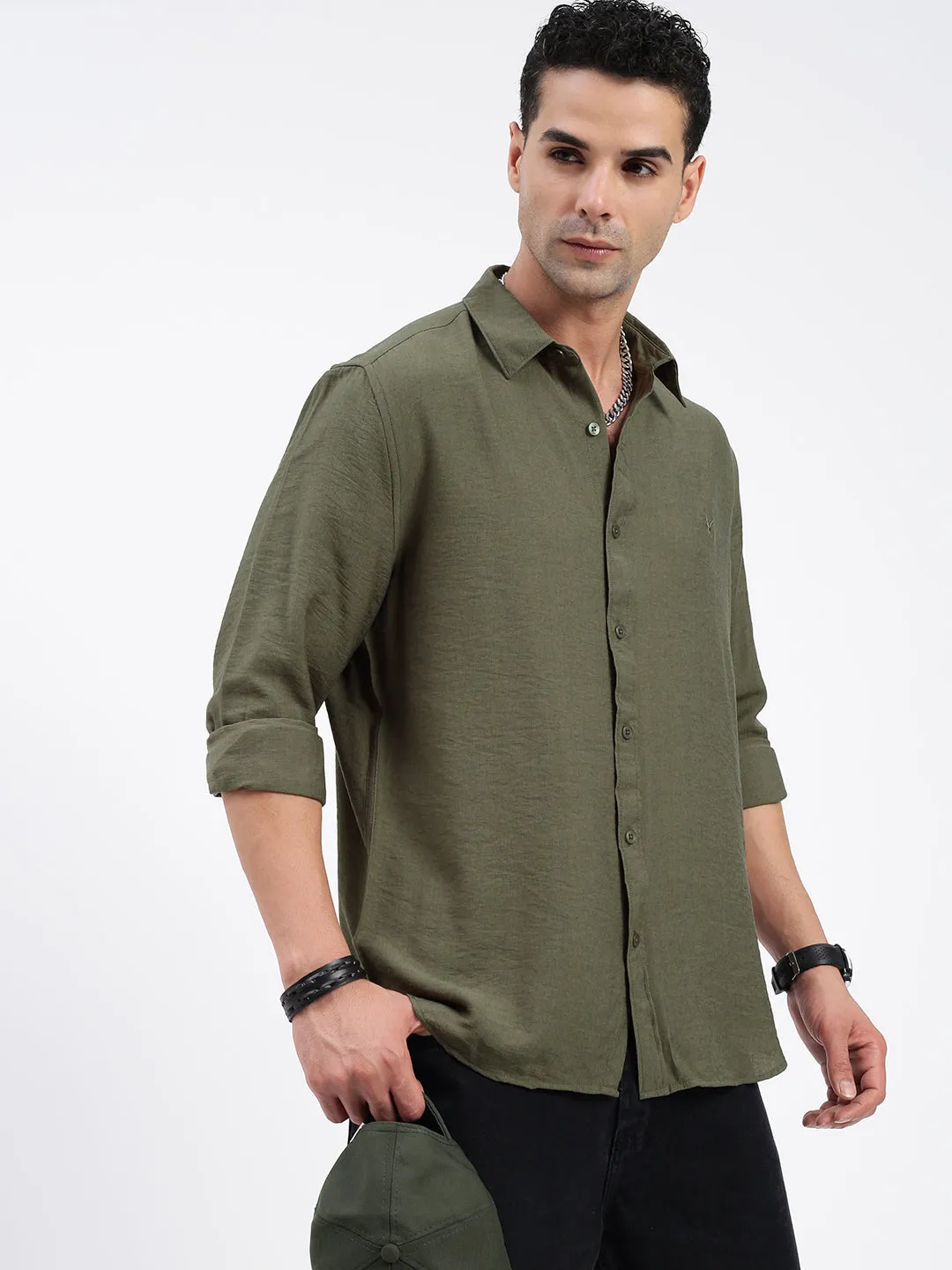 Men Solid Olive Slim Fit Shirt