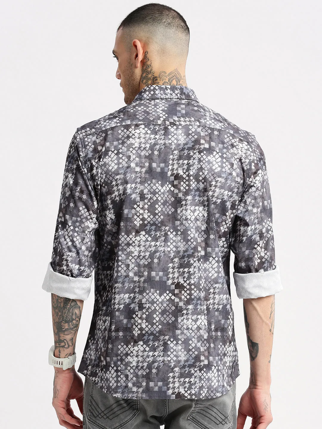 Men Spread Collar  Geometric Grey Casual Shirt