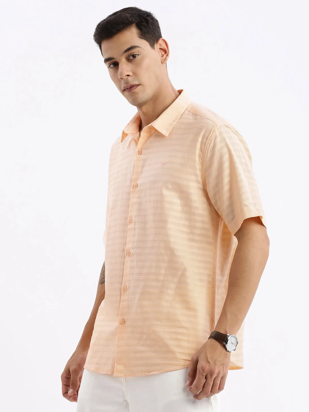 Men Spread Collar Solid Slim Fit Peach Shirt