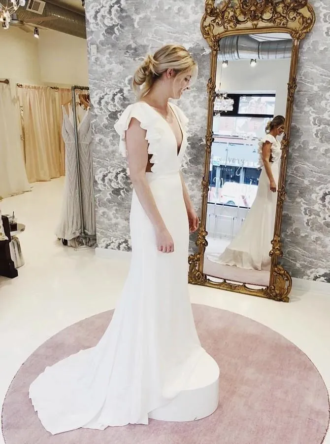 Mermaid V-Neck Cap Sleeves Backless Wedding Dress with Ruffles TN139