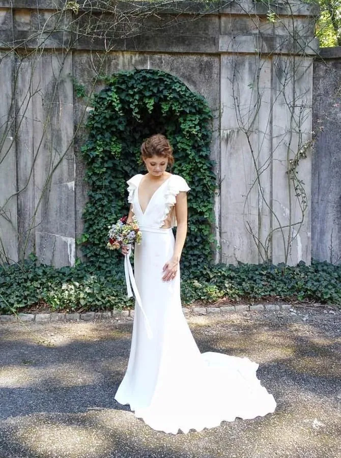 Mermaid V-Neck Cap Sleeves Backless Wedding Dress with Ruffles TN139