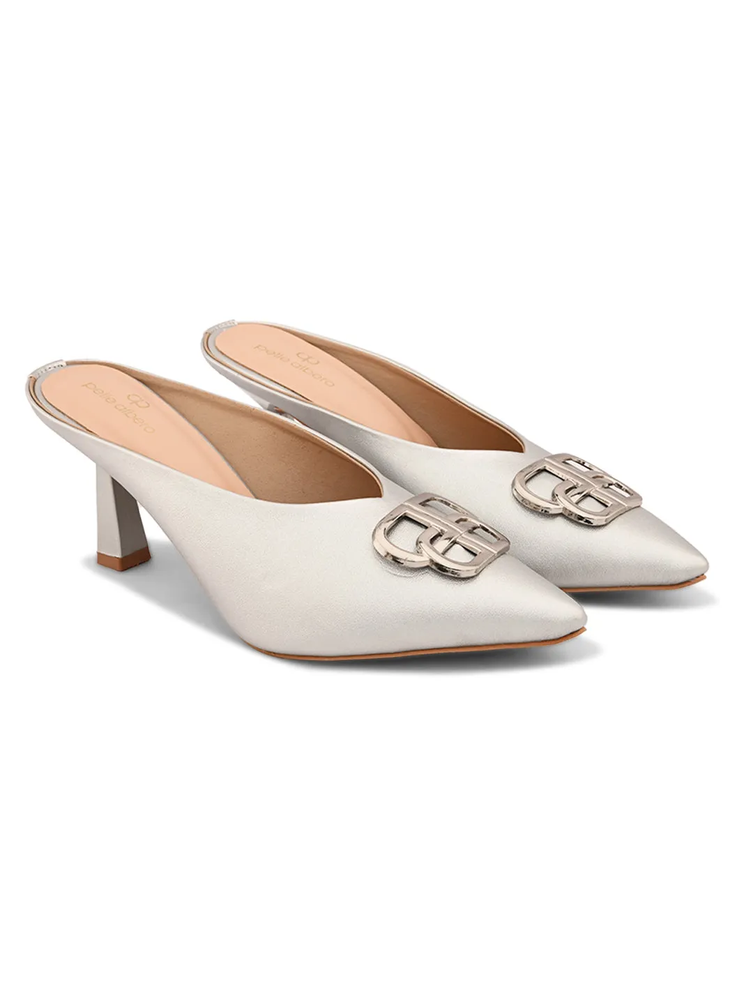 Pelle Albero Women Silver Color Kitten Heel Mules