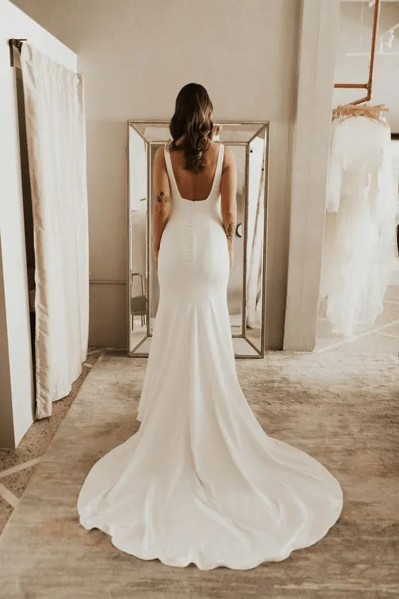 Simple Sheath Square Neck Long Backless Wedding Gown with Sweep Train TN301