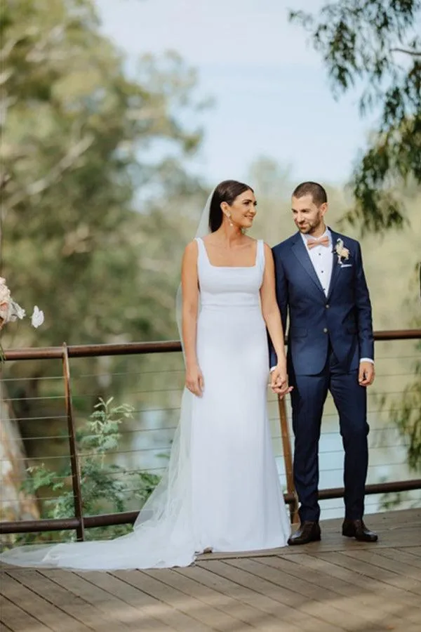 Simple Sheath Square Neck Long Backless Wedding Gown with Sweep Train TN301