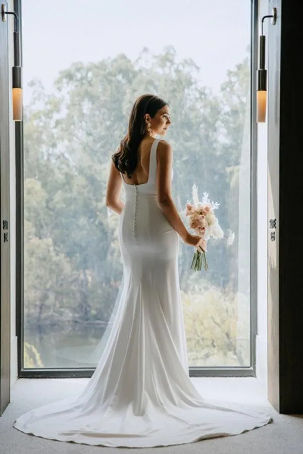 Simple Sheath Square Neck Long Backless Wedding Gown with Sweep Train TN301