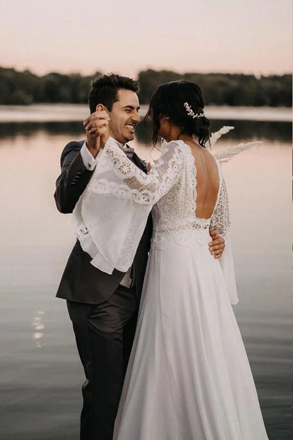 Vintage Chiffon V-Neck Wedding Dresses Backless Bridal Gowns TN290