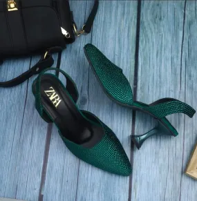ZARA STONE EMBELLISHED KITTEN HEELS - GREEN